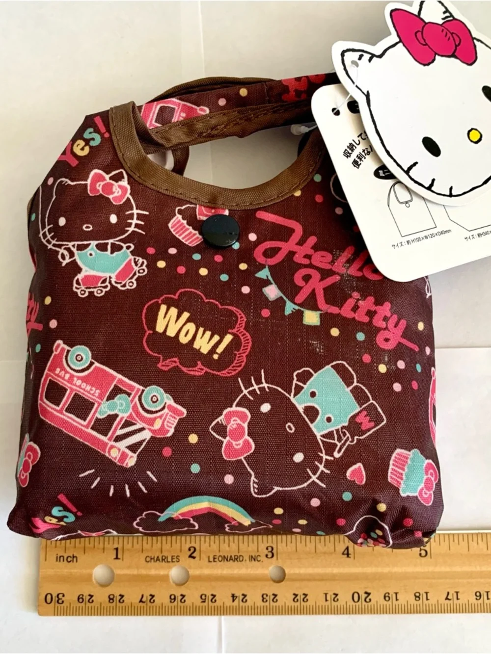 Sanrio Hello Kitty Foldable Reusable Shopping Tote Bag Brown Pink Hearts NWT
